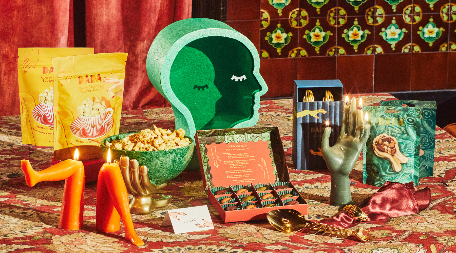 cauliflower, cocktail, nuts, legs, candles, hands, truffles, napkin rings, gold, spoon, bowl, malachite, head, dada daily, make decadence a ritual, elevate your snacking moment