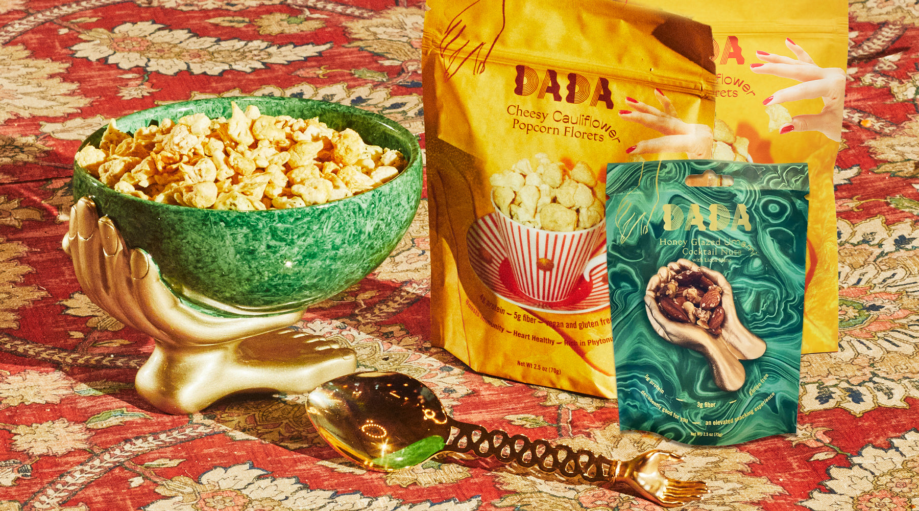 cauliflower, nuts, cocktail, snacks, bowl, spoon, hand, popcorn, dada daily, make decadence a ritual, elevate your snacking moment