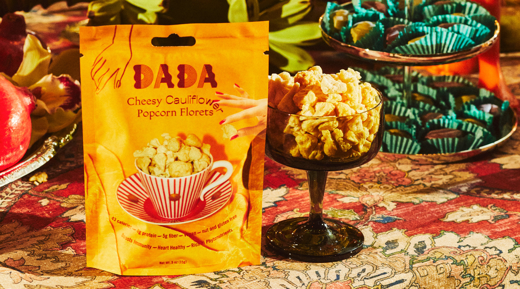 cauliflower, cheesy, vegan, popcorn, snacks, dada, decadence