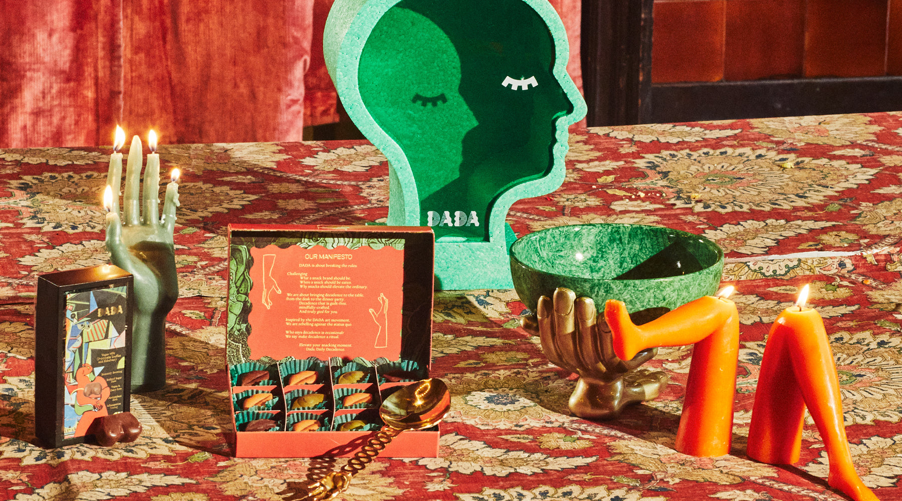 candles, truffles, bowl, head, spoon, leg, hand, boobs, lips, eyes, indulgent, surrealist, vegan, snacks, dada daily, make decadence a ritual, elevate your snacking ritual